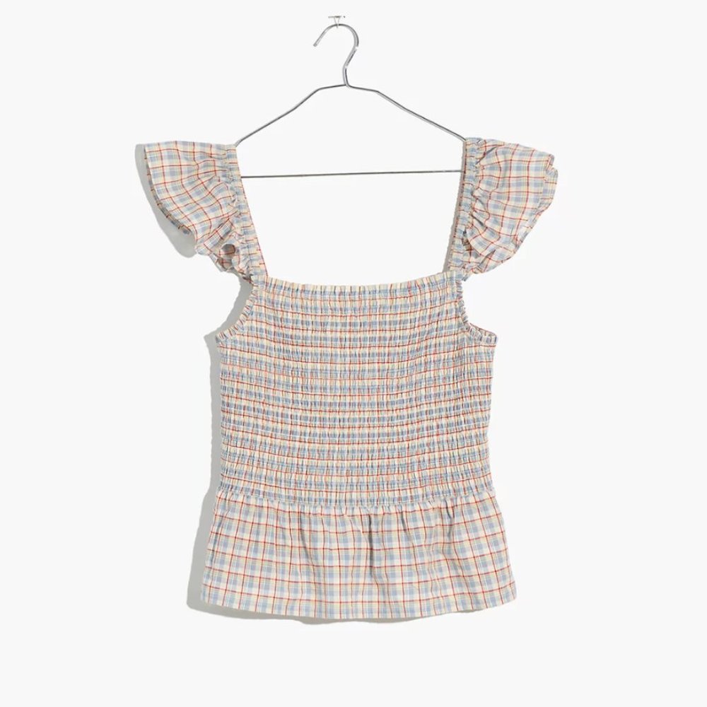 Madewell Seersucker Lucie Smocked Peplum Top in Rainbow Plaid